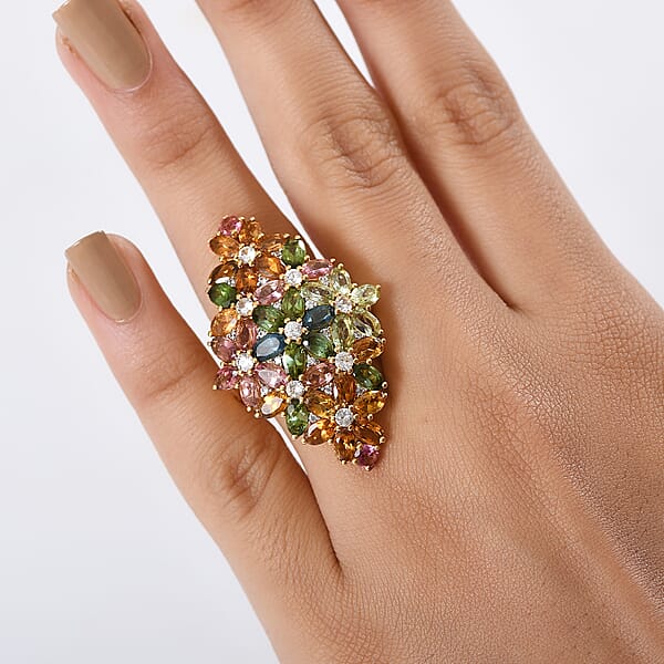 D'Joy Multi-Tourmaline And White Zircon 11.35 Ctw Bunch Of Flowers Ring In 18K Vermeil Yellow Gold Over Sterling Silver