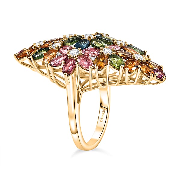 D'Joy Multi-Tourmaline And White Zircon 11.35 Ctw Bunch Of Flowers Ring In 18K Vermeil Yellow Gold Over Sterling Silver
