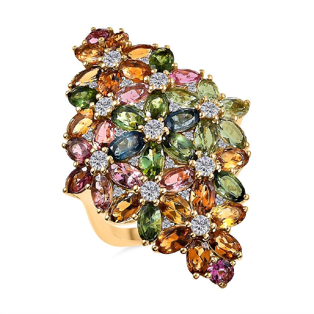 D'Joy Multi-Tourmaline and White Zircon 11.35 ctw Bunch of Flowers Ring in 18K Vermeil Yellow Gold Over Sterling Silver