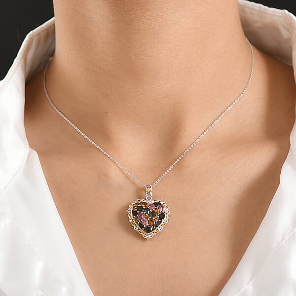 D'Joy Multi-Tourmaline Pendant Necklace In 18K Vermeil YG And Rhodium Over Sterling Silver 2.70 Ctw (20 Inches)