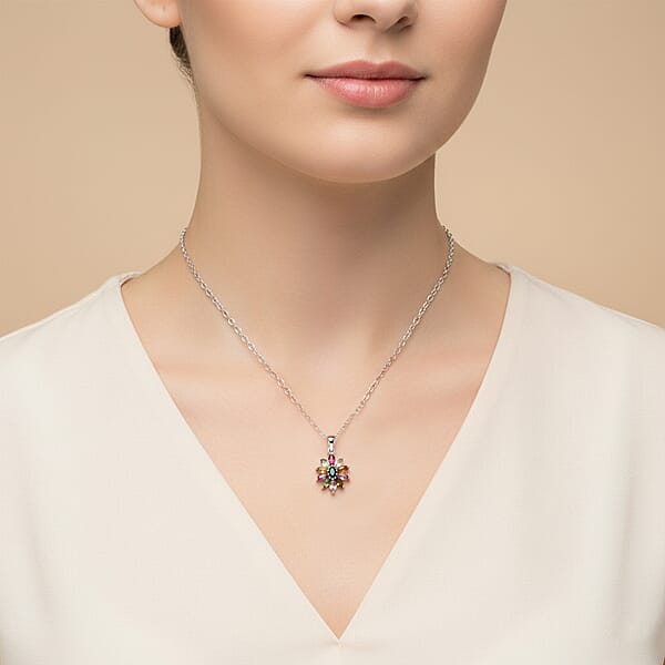D'Joy Multi Tourmaline Pendant Necklace In Rhodium Over Sterling Silver 0.90 Ctw (20 Inches)