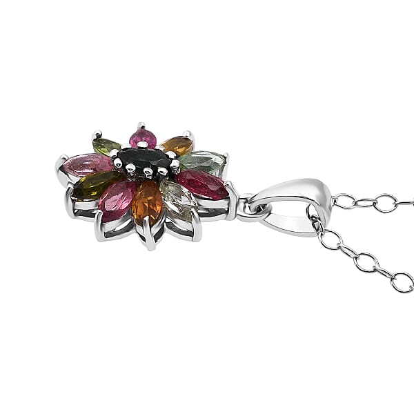 D'Joy Multi Tourmaline Pendant Necklace In Rhodium Over Sterling Silver 0.90 Ctw (20 Inches)