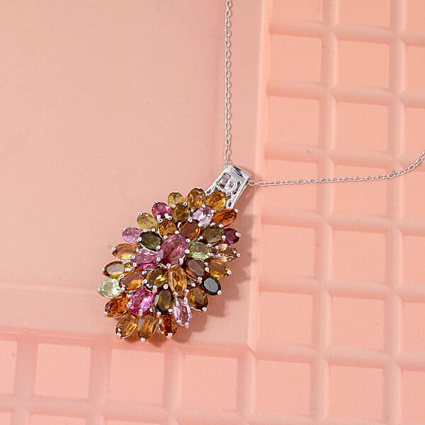 D'Joy Multi-Tourmaline Rainbows Promise Pendant Necklace In Rhodium Over Sterling Silver 7.70 Ctw (20 Inches)