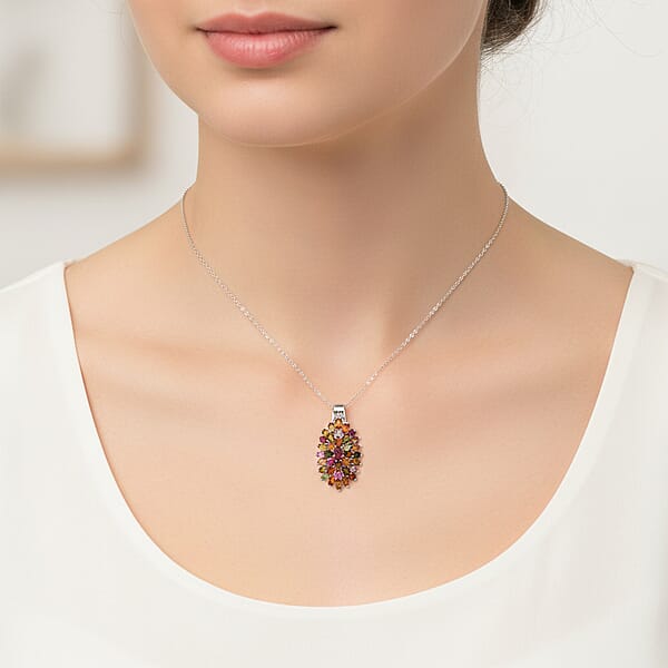 D'Joy Multi-Tourmaline Rainbows Promise Pendant Necklace In Rhodium Over Sterling Silver 7.70 Ctw (20 Inches)