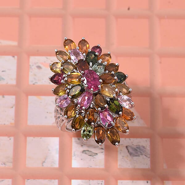 D'Joy Multi-Tourmaline Rainbows Promise Ring In Rhodium Over Sterling Silver 7.70 Ctw