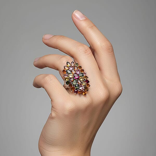D'Joy Multi-Tourmaline Rainbows Promise Ring In Rhodium Over Sterling Silver 7.70 Ctw