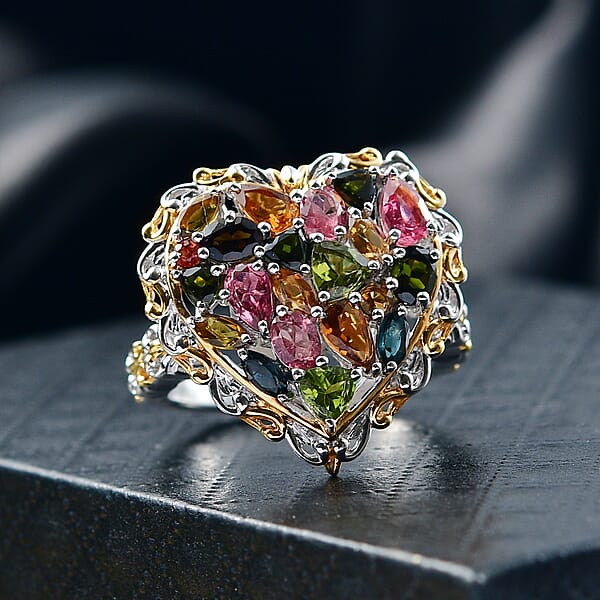 D'Joy Multi-Tourmaline Ring In 18K Vermeil YG And Rhodium Over Sterling Silver 2.80 Ctw