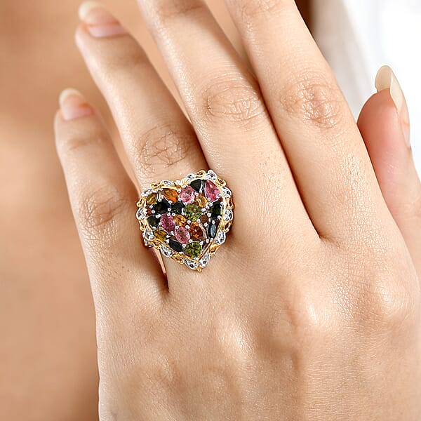D'Joy Multi-Tourmaline Ring In 18K Vermeil YG And Rhodium Over Sterling Silver 2.80 Ctw