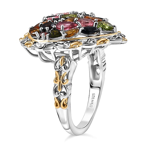 D'Joy Multi-Tourmaline Ring In 18K Vermeil YG And Rhodium Over Sterling Silver 2.80 Ctw
