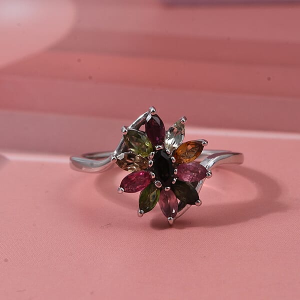 D'Joy Multi-Tourmaline Ring In Rhodium Over Sterling Silver 0.90 Ctw