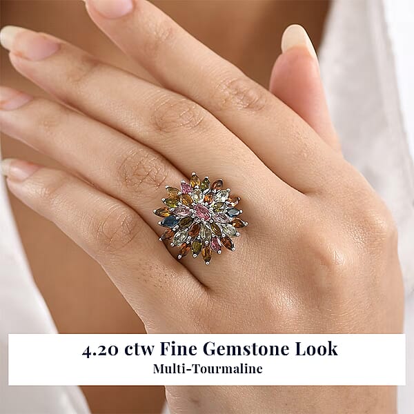 D'Joy Multi-Tourmaline Ring In Rhodium Over Sterling Silver 4.20 Ctw