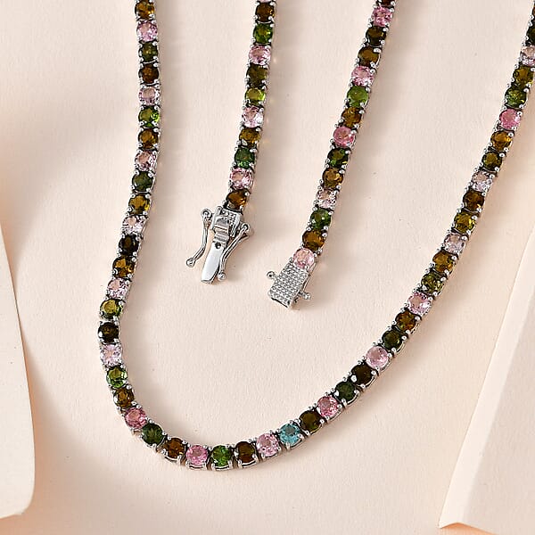D'Joy Multi-Tourmaline Tennis Necklace 18 Inches In Platinum Over Sterling Silver 25.50 Ctw