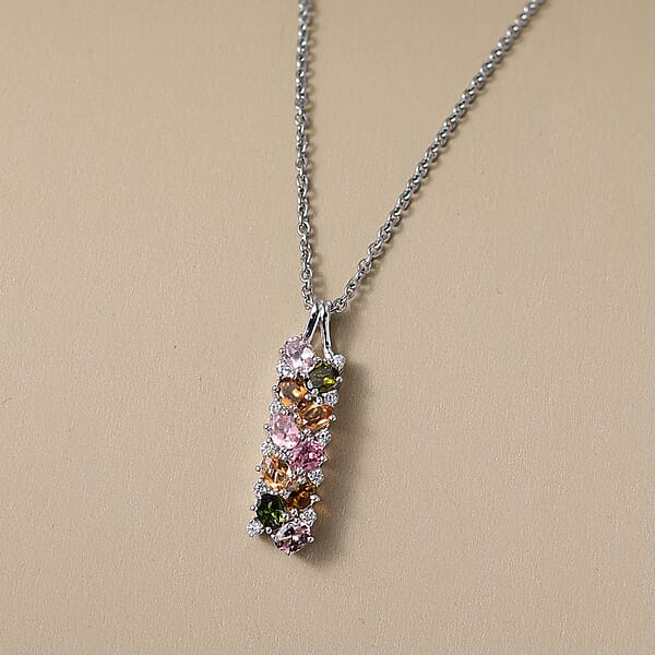 D'Joy Multi-Tourmaline White Zircon Pendant Necklace In Rhodium Over Sterling Silver 2.10 Ctw (20 Inches)