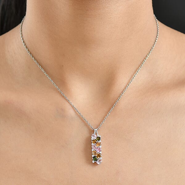 D'Joy Multi-Tourmaline White Zircon Pendant Necklace In Rhodium Over Sterling Silver 2.10 Ctw (20 Inches)