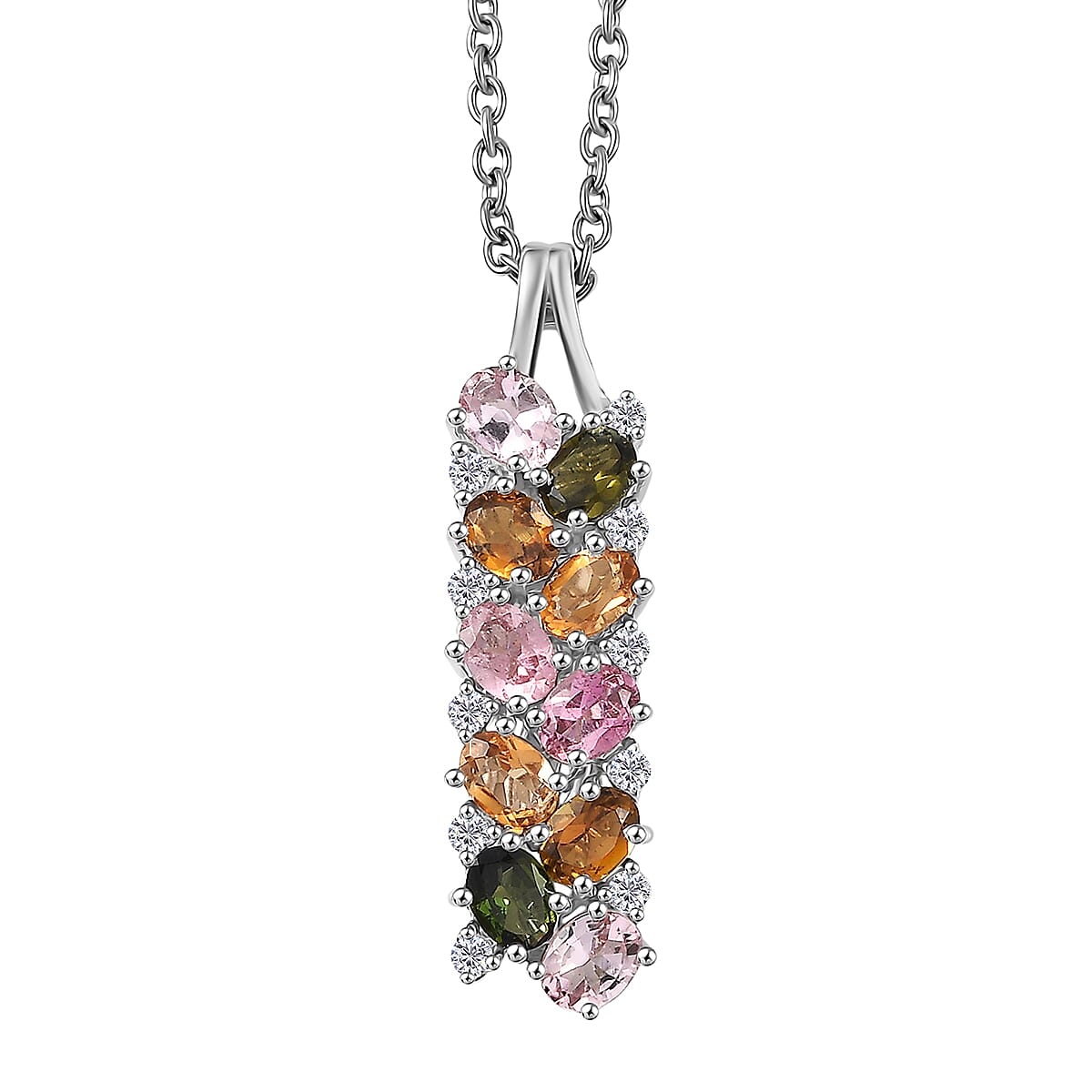 D'Joy Multi-Tourmaline White Zircon Pendant Necklace in Rhodium Over Sterling Silver 2.10 ctw (20 Inches)