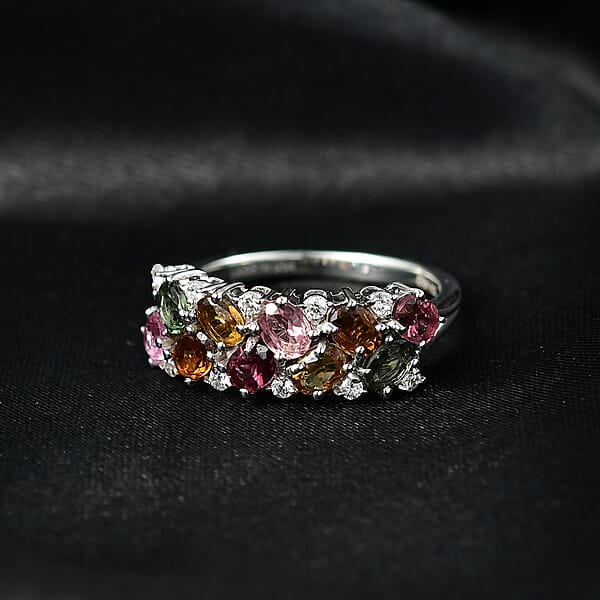 D'Joy Multi-Tourmaline White Zircon Ring In Rhodium Over Sterling Silver 2.10 Ctw