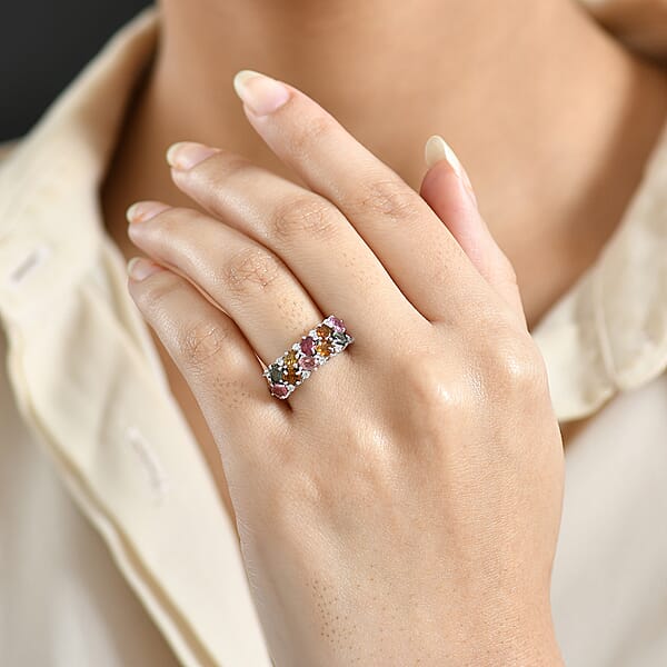 D'Joy Multi-Tourmaline White Zircon Ring In Rhodium Over Sterling Silver 2.10 Ctw