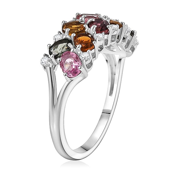 D'Joy Multi-Tourmaline White Zircon Ring In Rhodium Over Sterling Silver 2.10 Ctw
