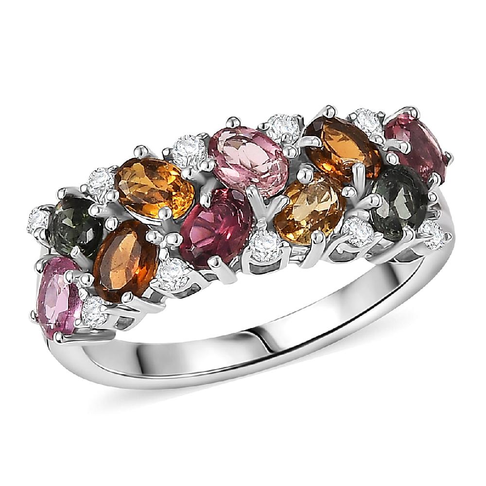 D'Joy Multi-Tourmaline White Zircon Ring in Rhodium Over Sterling Silver 2.10 ctw