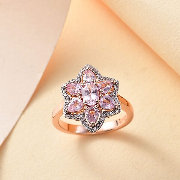 D'Joy Narsipatnam Pink Spinel And White Zircon 1.75 Ctw Blossom Flower Ring In 18K Vermeil Rose Gold Over Sterling Silver