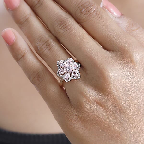 D'Joy Narsipatnam Pink Spinel And White Zircon 1.75 Ctw Blossom Flower Ring In 18K Vermeil Rose Gold Over Sterling Silver