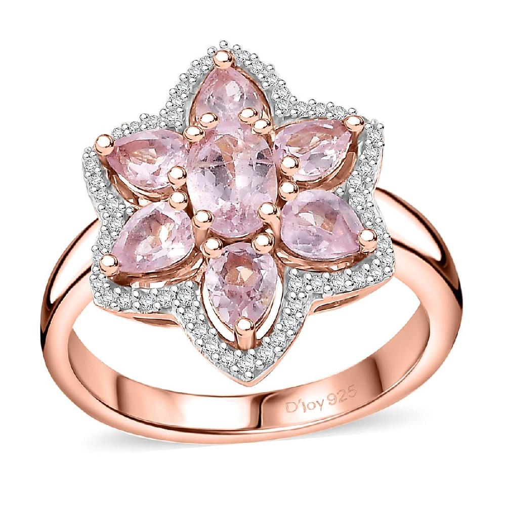 D'Joy Narsipatnam Pink Spinel and White Zircon 1.75 ctw Blossom Flower Ring in 18K Vermeil Rose Gold Over Sterling Silver