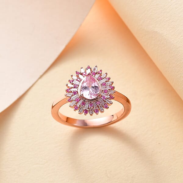 D'Joy Narsipatnam Pink Spinel Pink Sapphire Diamond 1.05 Ctw Sunrays Ring In 18K Vermeil Rose Gold Over Sterling Silver