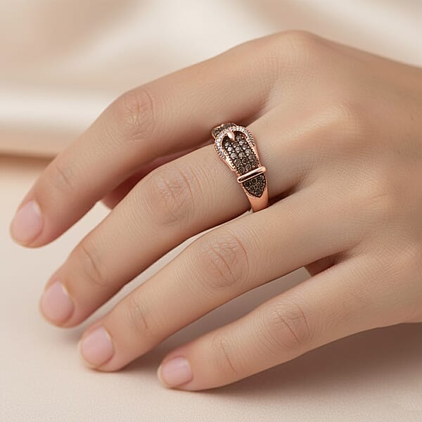 D'Joy Natural Champagne And White Diamond 0.25 Ctw Buckle Ring In 18K Vermeil Rose Gold Over Sterling Silver