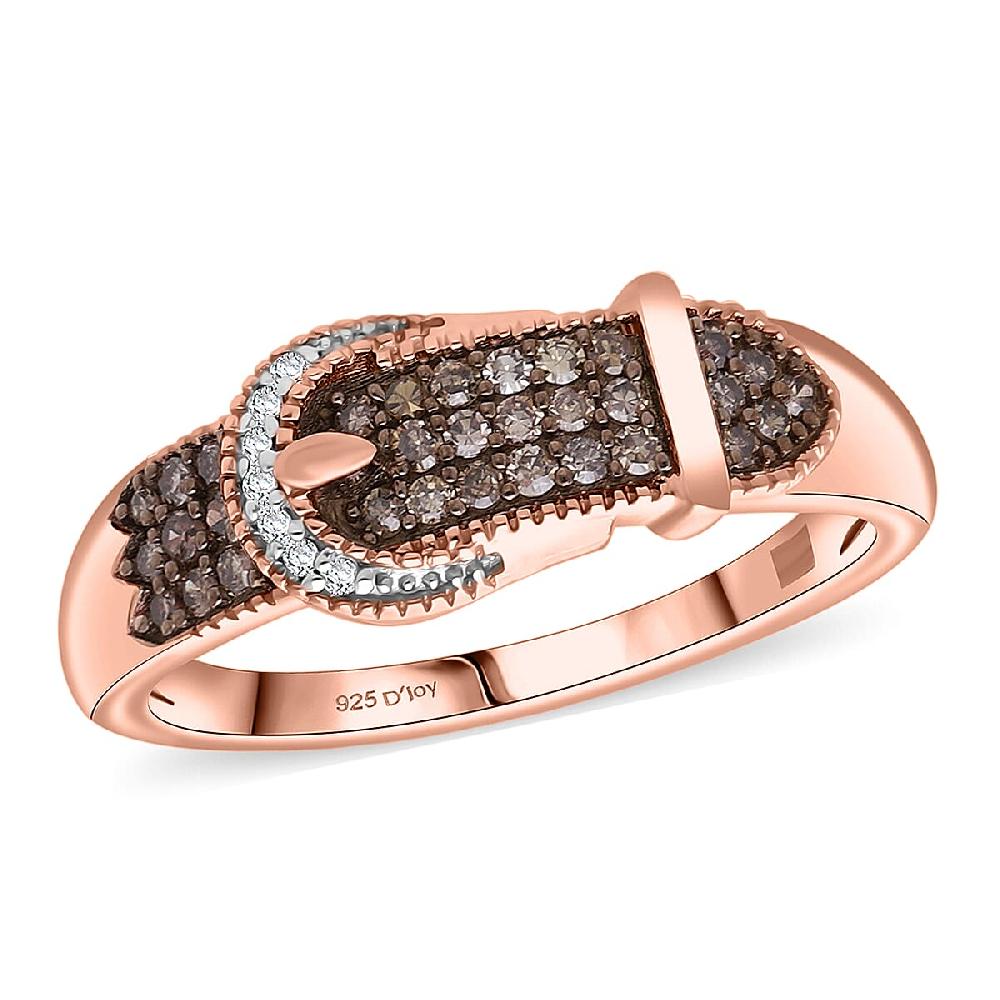 D'Joy Natural Champagne and White Diamond 0.25 ctw Buckle Ring in 18K Vermeil Rose Gold Over Sterling Silver