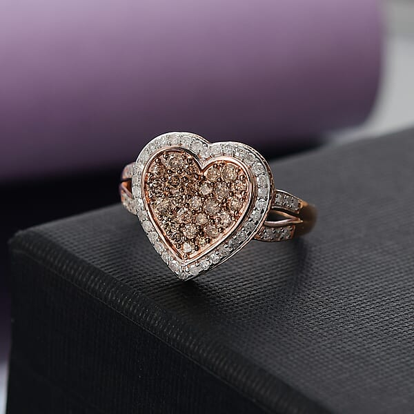 D'Joy Natural Champagne And White Diamond 1.00 Ctw Romantic Heart Ring In 18K Vermeil Rose Gold Over Sterling Silver