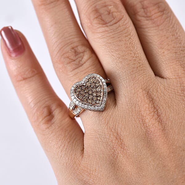 D'Joy Natural Champagne And White Diamond 1.00 Ctw Romantic Heart Ring In 18K Vermeil Rose Gold Over Sterling Silver