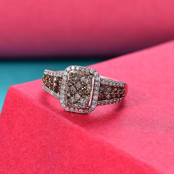 D'Joy Natural Champagne And White Diamond 1.00 Ctw Art Deco Ring In 18K Vermeil Rose Gold Sterling Silver