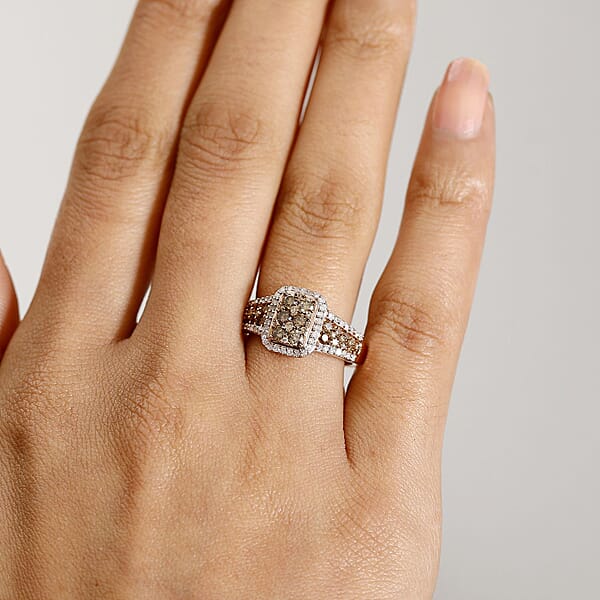 D'Joy Natural Champagne And White Diamond 1.00 Ctw Art Deco Ring In 18K Vermeil Rose Gold Sterling Silver