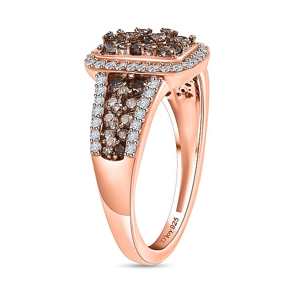 D'Joy Natural Champagne And White Diamond 1.00 Ctw Art Deco Ring In 18K Vermeil Rose Gold Sterling Silver