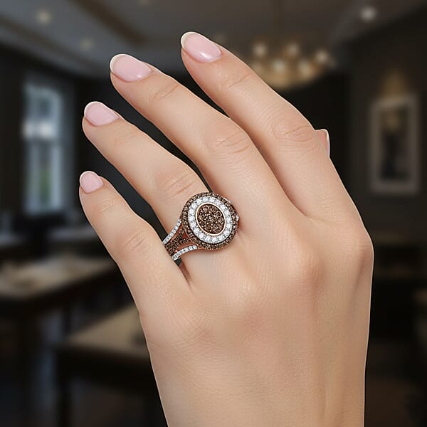 D'Joy Natural Champagne And White Diamond 1.00 Ctw Desert Sunrise Ring In 18K Vermeil Rose Gold Over Sterling Silver