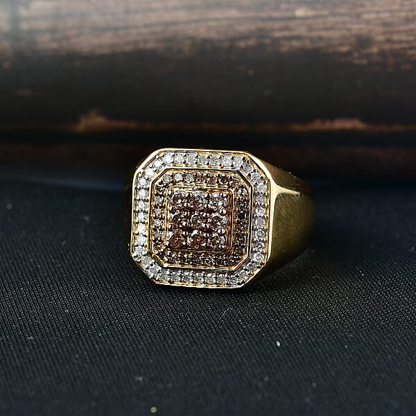 D'Joy Natural Champagne And White Diamond 1.00 Ctw Men's Ring In 18K Vermeil Yellow Gold Over Sterling Silver