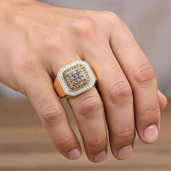 D'Joy Natural Champagne And White Diamond 1.00 Ctw Men's Ring In 18K Vermeil Yellow Gold Over Sterling Silver