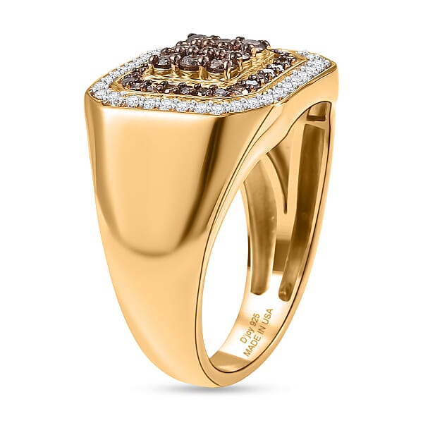 D'Joy Natural Champagne And White Diamond 1.00 Ctw Men's Ring In 18K Vermeil Yellow Gold Over Sterling Silver