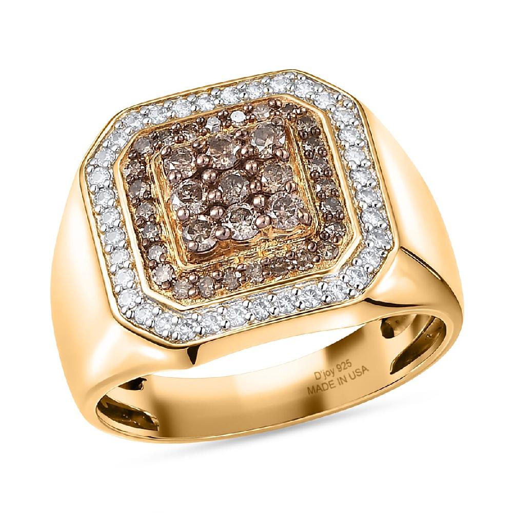 D'Joy Natural Champagne and White Diamond 1.00 ctw Men's Ring in 18K Vermeil Yellow Gold Over Sterling Silver