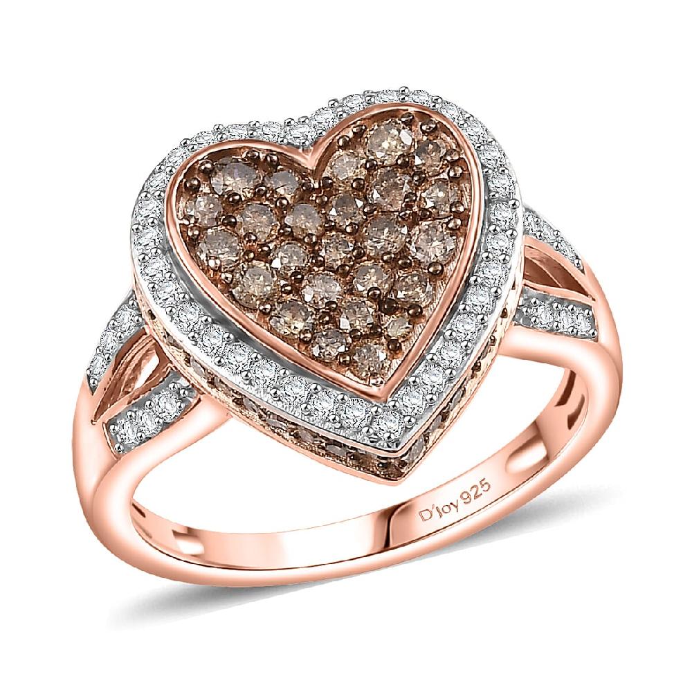 D'Joy Natural Champagne and White Diamond 1.00 ctw Romantic Heart Ring in 18K Vermeil Rose Gold Over Sterling Silver