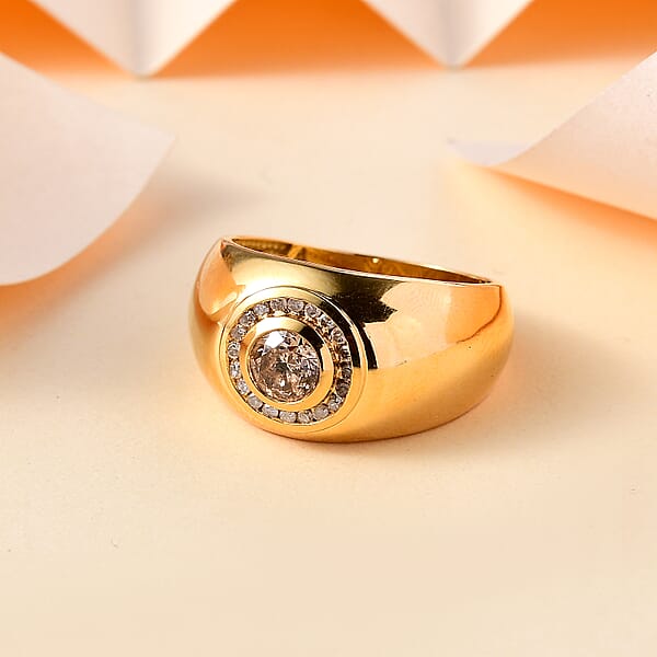D'Joy Natural Champagne And White Diamond 1.35 Ctw Men's Ring In 18K Vermeil Yellow Gold Over Sterling Silver