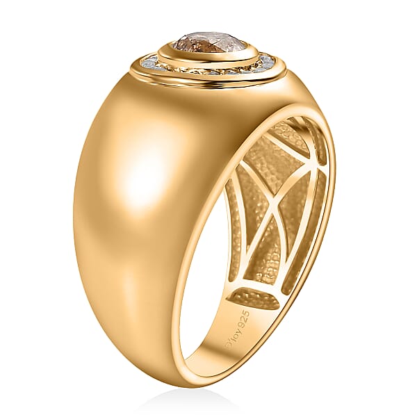 D'Joy Natural Champagne And White Diamond 1.35 Ctw Men's Ring In 18K Vermeil Yellow Gold Over Sterling Silver
