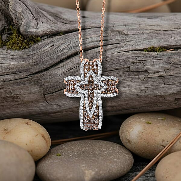 D'Joy Natural Champagne And Whtie Diamond Cross Pendant Necklace In 18K Vermeil RG Over Sterling Silver 0.50 Ctw (20 Inches)