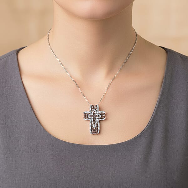 D'Joy Natural Champagne And Whtie Diamond Cross Pendant Necklace In 18K Vermeil RG Over Sterling Silver 0.50 Ctw (20 Inches)