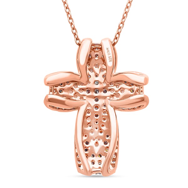 D'Joy Natural Champagne And Whtie Diamond Cross Pendant Necklace In 18K Vermeil RG Over Sterling Silver 0.50 Ctw (20 Inches)