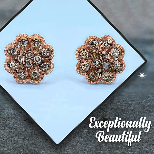 D'Joy Natural Champagne Diamond 0.25 Ctw Blooming Flower Earrings In Vermeil Rose Gold Over Sterling Silver
