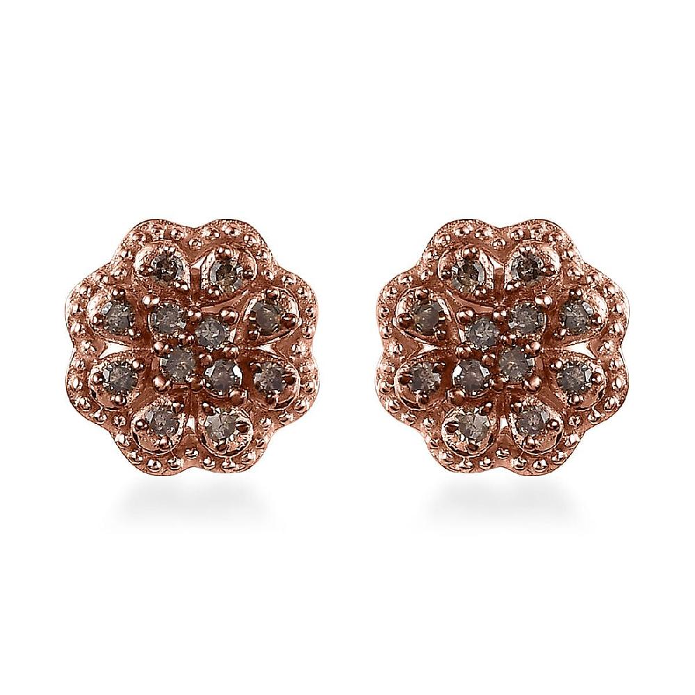 D'Joy Natural Champagne Diamond 0.25 ctw Blooming Flower Earrings in Vermeil Rose Gold Over Sterling Silver
