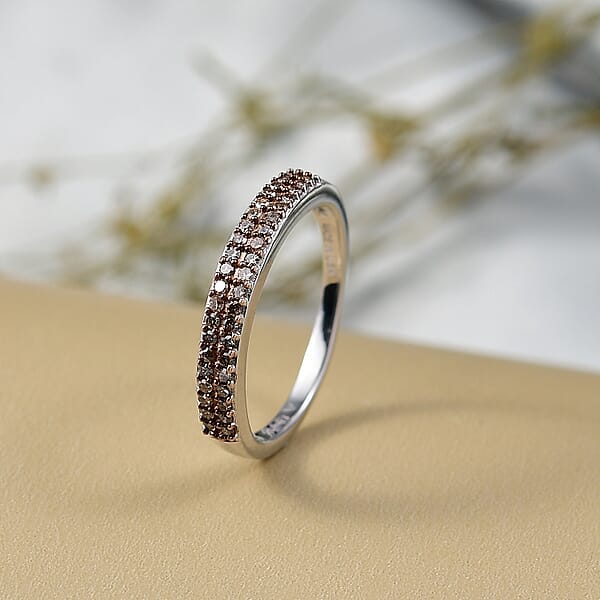 D'Joy Natural Champagne Diamond 0.25 Ctw Double Row Band Ring In Platinum Over Sterling Silver