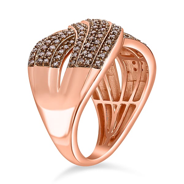 D’Joy Natural Champagne Diamond 0.75 Ctw Crossover Bridge Ring In 18K Vermeil Rose Gold Over Sterling Silver