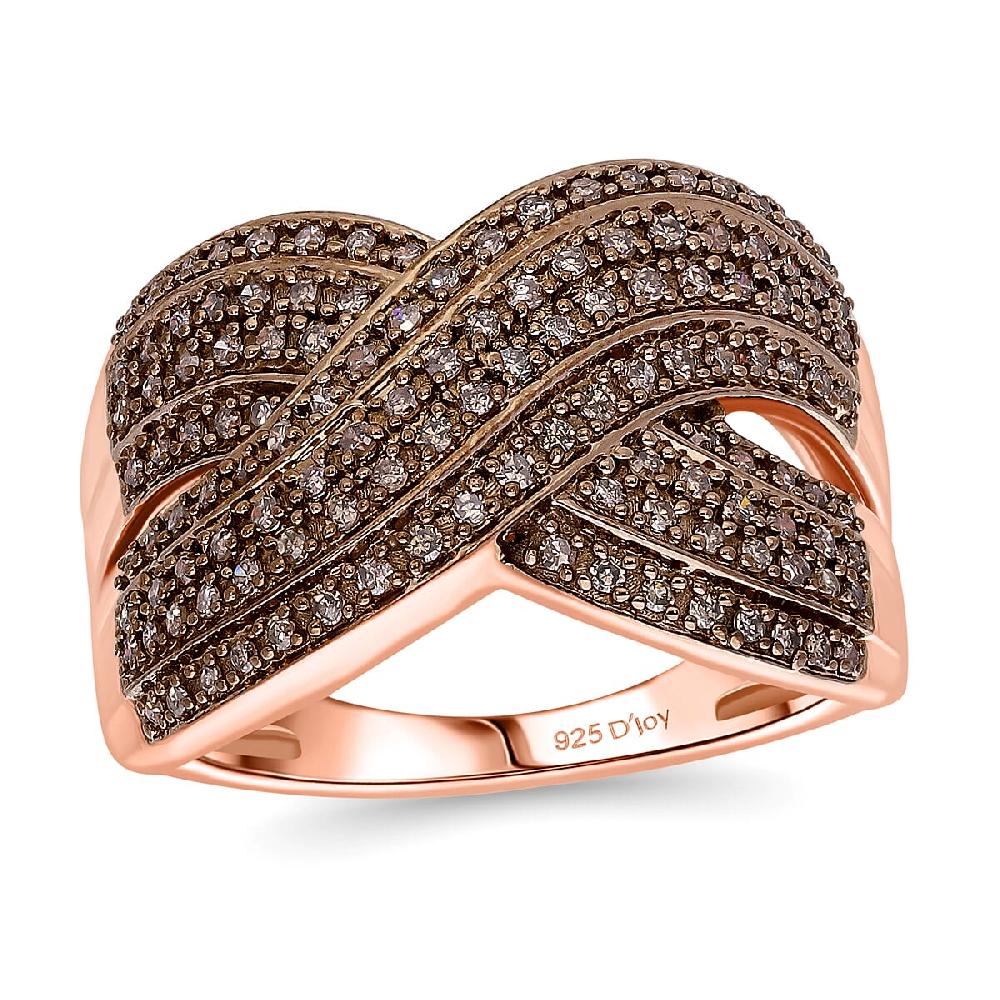 D’Joy Natural Champagne Diamond 0.75 ctw Crossover Bridge Ring in 18K Vermeil Rose Gold Over Sterling Silver